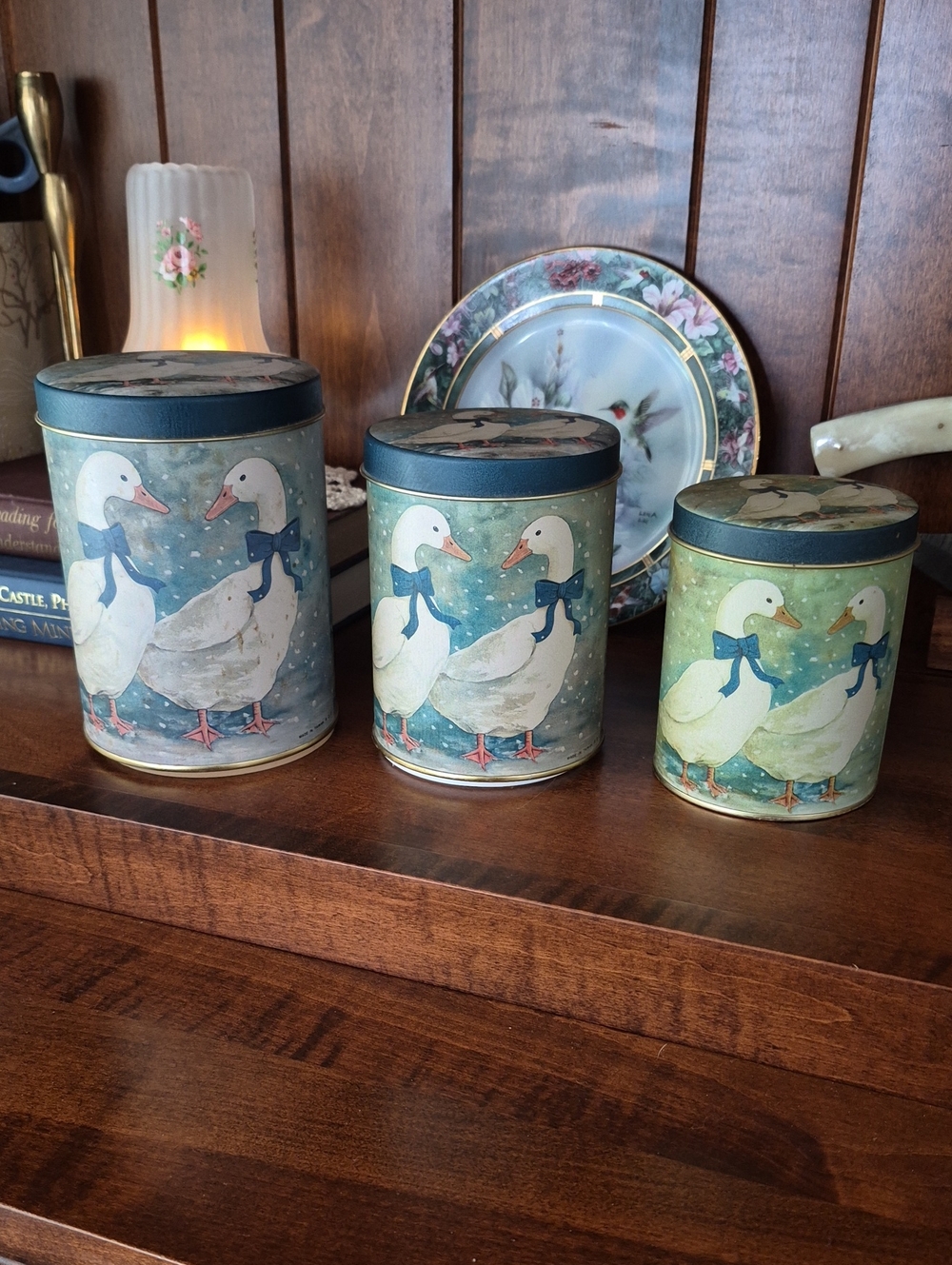 Set of 3 Decorative Goose Tin Canisters - Blue & Green